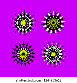 A set of different colorful oriental geometric mandala shapes, Asian folk art. Abstract star shape roundish decor elements. Green, violet and purple colors.