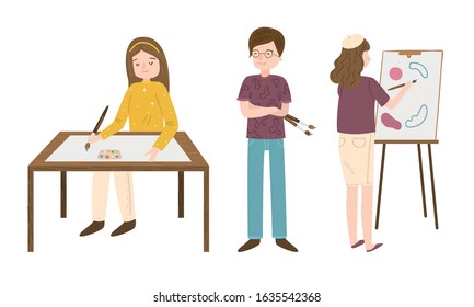 Set of different colorful painters. Vector illustration in flat cartoon style.