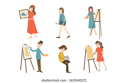 Set of different colorful painters. Vector illustration in flat cartoon style.