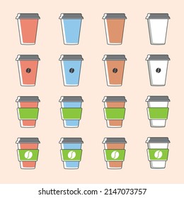 A set of different colorful paper coffee cup designs 