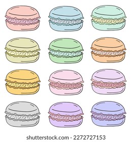 Variedad de pasta colorida. Galleta de Macaroon aislada de fondo blanco. Dulce y deliciosa plantilla vectorial para la cocina y el menú del restaurante.