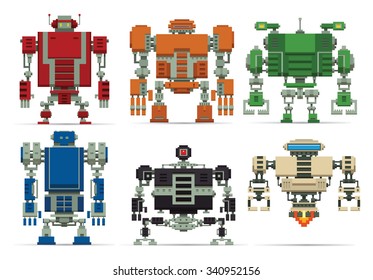 set of different colorful pixel robots, vector