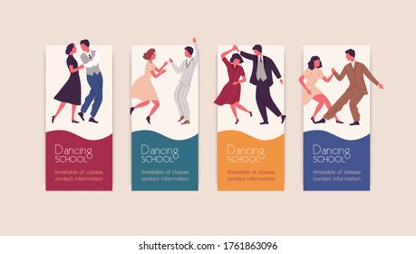 Set of different colorful posters dancing school vector flat illustration. Collection of various promo of choreography studio with place for text. Trendy announcement with dancing man and woman