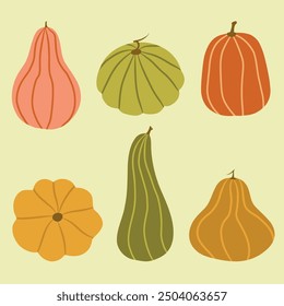 Set of different colorful pumpkins, vector illustration