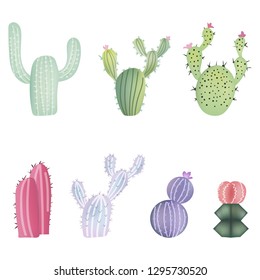 Set of Different Colorful Realistic Cactuses isolated on white background. Tropical Succulents and Flowering Plants. Mexican Style Templates. Vector illustration for Your Design, Web.