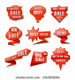 set of different colorful red advertising and promotion badges, stickers and tags