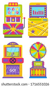 Set of different colorful retro arcade machines isolated on white. Game application on screen. Gaming room, vintage entertainment, vector. Old playing device. Machine for gambling and winning money