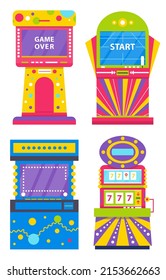 Set of different colorful retro arcade machines isolated on white. Game application on screen. Gaming room, vintage entertainment, vector. Old playing device. Machine for gambling and winning money