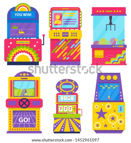 Set of different colorful retro arcade machines isolated on white. Game application on screen. Gaming room, vintage entertainment, vector. Old playing device. Machine for gambling and winning money