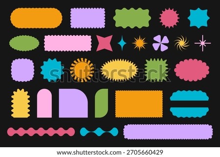 Set of different colorful shapes with wavy edges. Cute trendy geometric forms. Empty boxes, stickers, tags or labels isolated on dark background. Vector flat illustration.