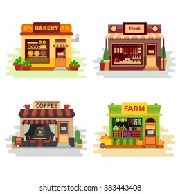 Set of different colorful shops: bakery, meat shop, coffee shop, farm products, fruit and vegetables. Flat vector illustration stock set. Infographic elements.  Showcases stores on the street