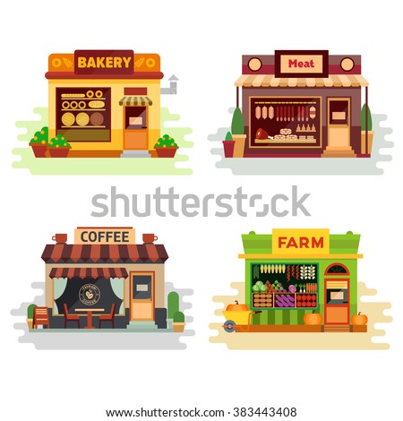 Set of different colorful shops: bakery, meat shop, coffee shop, farm products, fruit and vegetables. Flat vector illustration stock set. Infographic elements.  Showcases stores on the street