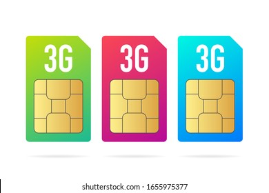 Legen Sie auf weißem Hintergrund einen anderen bunten Sim-Kartenchip an. Vektorillustration.