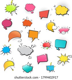 eine Reihe verschiedener bunter Sprachwolken. Comics Talk Blasen und Explosionen