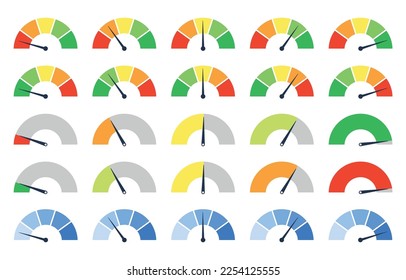 Set of different colorful speedometers, meter gauge element, ratings of varying degrees of satisfaction. Level indicator collection. Vector isolated illustration