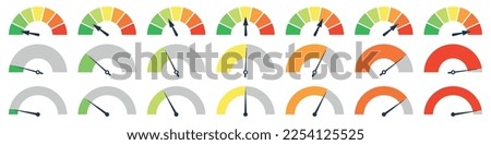 Set of different colorful speedometers, meter gauge element, ratings of varying degrees of satisfaction. Level indicator collection. Vector isolated illustration