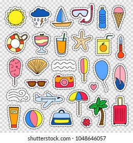 Set of different colorful summer stickers, patches and pins isolated on transparent background.