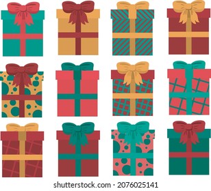 Set of different colorful surprise boxes. Gift boxes of bright color with various patterns and bows. Vector set of isolated illustrations.