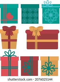 Set of different colorful surprise boxes. Gift boxes of bright color, various shapes and sizes with bows. Vector set of isolated illustrations.