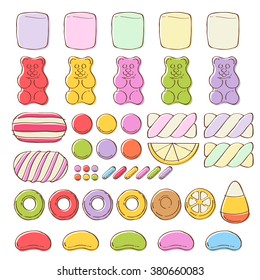 Set of different colorful sweets on white background - marshmallow gummy bears hard candies dragee jelly beans peppermint candy. Hand drawn sketch style vector illustration.