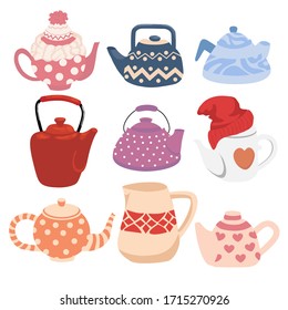 Set of different, colorful teapots. Side view. Colored trendy vector illustration. Hygge style. Flat design. Cartoon. Isolated white background.