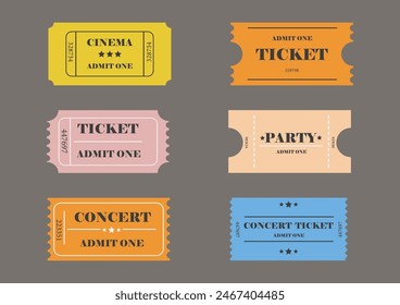 set of different colorful tickets for cinema, concert, party