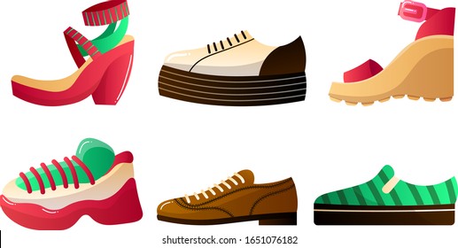 Conjunto de diferentes tipos de zapatos coloridos. Ilustración vectorial al estilo de las caricaturas planas.