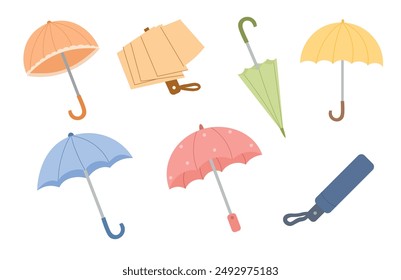 Conjunto de diferentes paraguas coloridos en estilo plano. Paraguas abiertos y plegados, bastón, plegable automático, estaciones de lluvia. Ilustración vectorial dibujada a mano aislada sobre fondo blanco.