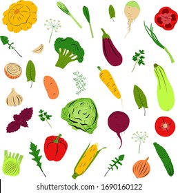 Set of different colorful vegetables in hand drawn doodle style isolated on white background. Collection of flat vegetables icons set.