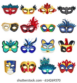 Set of different colorful venetian carnival masks with feathers and clowns hat flat isolated vector illustration 