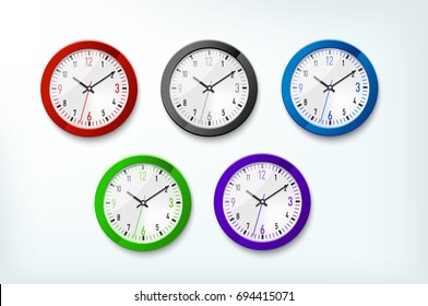 set of different colorful wall watch for promotion. Office accessories vector illustration mock up
