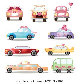 Set of different colorful wedding or holiday cars, city streets