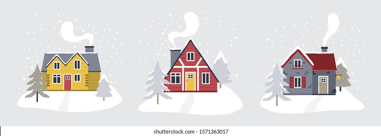 set of different colorful winter cottages landscapes. Vector illustration of cute winter houses with trees