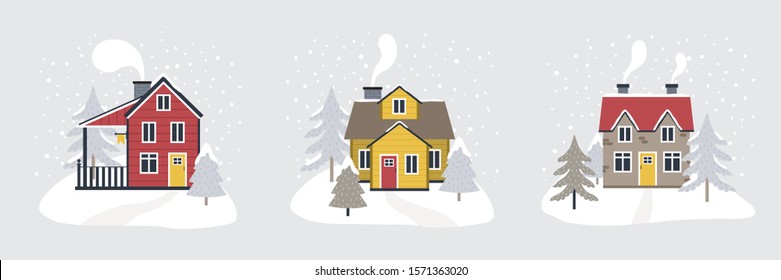 set of different colorful winter cottages landscapes. Vector illustration of cute winter houses with trees