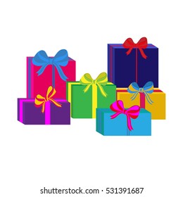 Set of different colorful wrapped gift boxes. Flat design. Beautiful present with bow. Symbol and icon for Christmas gift box. Isolated vector illustration.