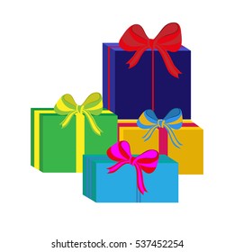 Set of different colorful wrapped gift boxes. Flat design. Beautiful present with bow. Symbol and icon for Christmas gift box. Isolated vector illustration.