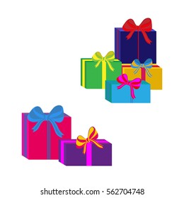 Set of different colorful wrapped gift boxes. Flat design. Beautiful present with bow. Symbol and icon for Christmas gift box. Isolated vector illustration.