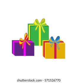Set of different colorful wrapped gift boxes. Flat design. Beautiful present with bow. Symbol and icon for Christmas gift box. Isolated vector illustration.