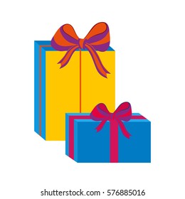 Set of different colorful wrapped gift boxes. Flat design. Beautiful present with bow. Symbol and icon for Christmas gift box. Isolated vector illustration.