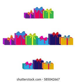 Set of different colorful wrapped gift boxes. Flat design. Beautiful present with bow. Symbol and icon for Christmas gift box. Isolated vector illustration.