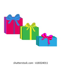 Set of different colorful wrapped gift boxes. Flat design. Beautiful present with bow. Symbol and icon for Christmas gift box. Isolated vector illustration.