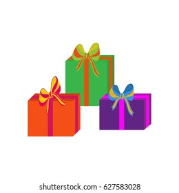 Set of different colorful wrapped gift boxes. Flat design. Beautiful present with bow. Symbol and icon for Christmas gift box. Isolated vector illustration.