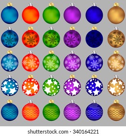 Set of different colors balls, decorations for  christmas tree, with snowflake and stars and line ornament, vector