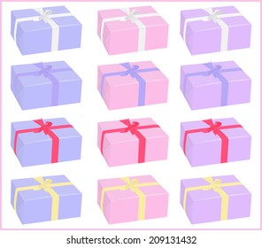 set of different colors boxes  with bows on white background