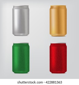 Set of different colors cans, isolated on white. Vector realistic illustration