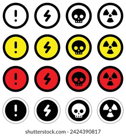 set different colors circle icons radioactive nuclear alert electric voltage warning danger symbol logo caution hazard danger traffic vector flat design for website mobile isolated white Background