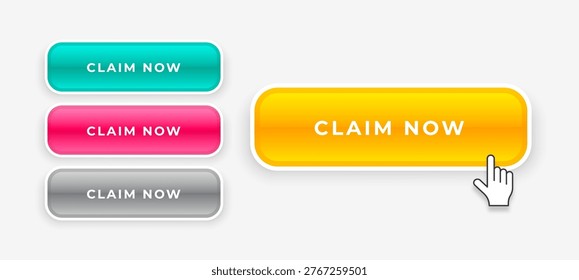 set of different colors claim now button with glossy effect vector