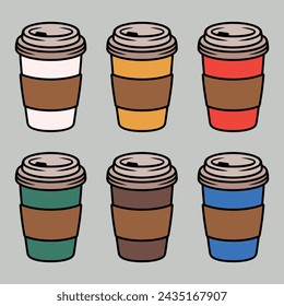Set of different colors of coffee paper cup vector illustration in colored style on grey background