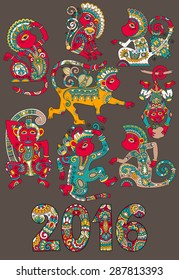 set of different colors decorative monkey - chinese symbol 2016 lunar new years and inscription, you can use for poster, greeting card, celebration design or web decoration, vector illustration