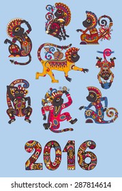 set of different colors decorative monkey - chinese symbol 2016 lunar new years and inscription, you can use for poster, greeting card, celebration design or web decoration, vector illustration